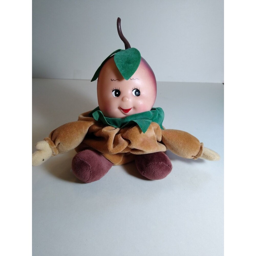 Anthropomorphic Kitsch Figural Peach Beanbag Plush Green Leaf Brown Velvet Body